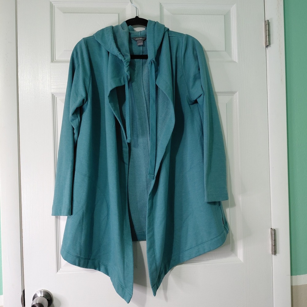 Eddie Bauer Womens Teal Blue Fleece Hooded Open Front Draped Cardigan Small